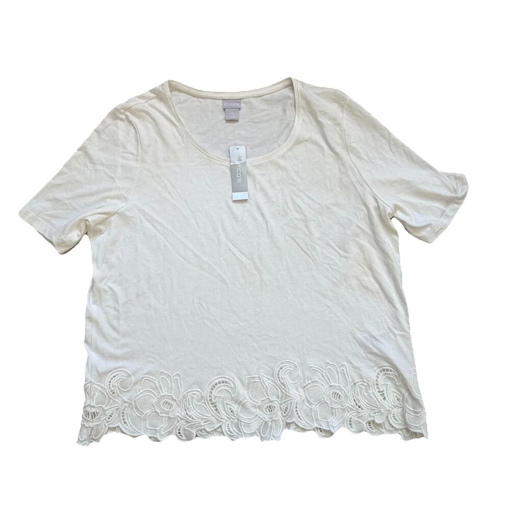 New CHICO'S Laser Cut Floral Lace Hem Tee Ecru White (2) Womens Sz 8 10 Boho